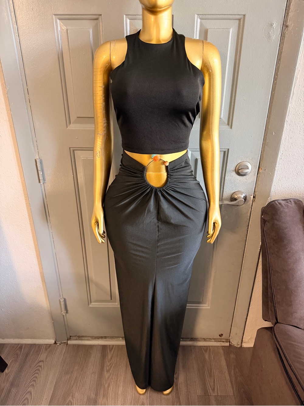 Black Cutout Maxi Skirt - Sleek High-Waist Design